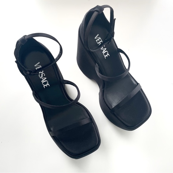 Versace Tri-Platform Satin Platform Wedge Sandal 160mm Strappy Square Toe Heel - Picture 4 of 15